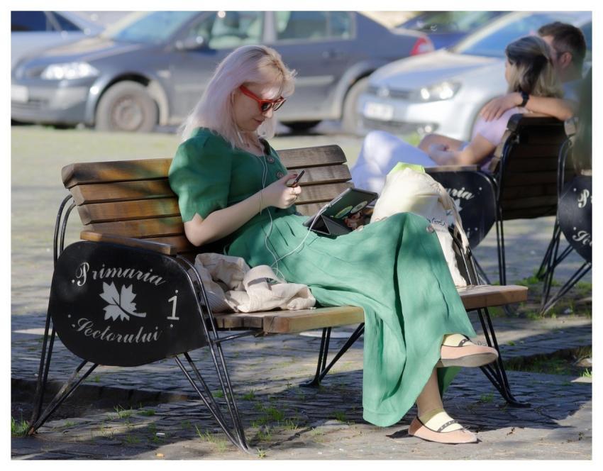 Woman Bench Outdoors Green Dress