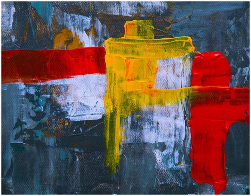 Vibrant abstract painting with bold red, yellow, a
