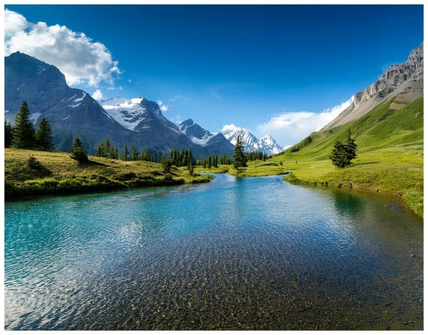 Stunning alpine landscape with clear blue lake ref