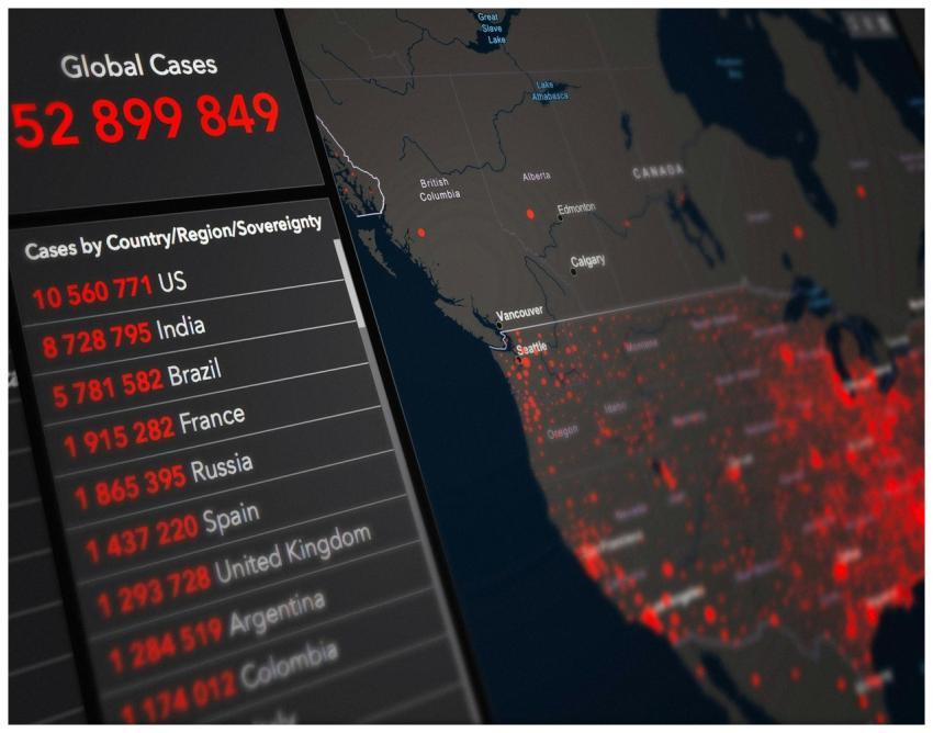 Detailed map showing COVID-19 global cases with da