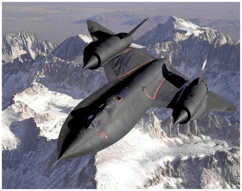 Lockheed SR-71 Blackbird flying over a snowy mount