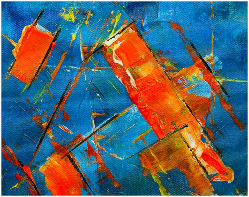 Dynamic abstract painting with vibrant blue and or