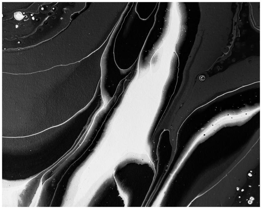 A striking black and white fluid art piece showcas