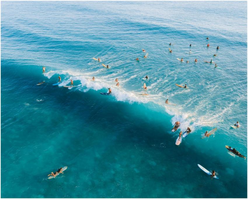 High-angle shot of surfers enjoying a vibrant day