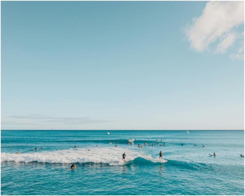 Enjoy surfers riding the waves under a clear sky i