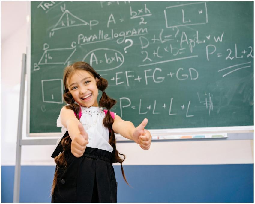 Smiling girl giving thumbs up in front of a chalkb