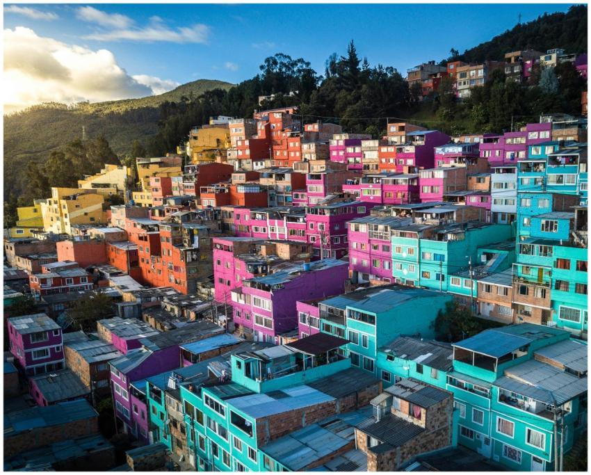 Aerial view of vibrant, colorful houses on a hills