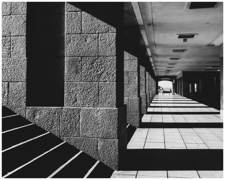 Dramatic shadows cast by architectural structures