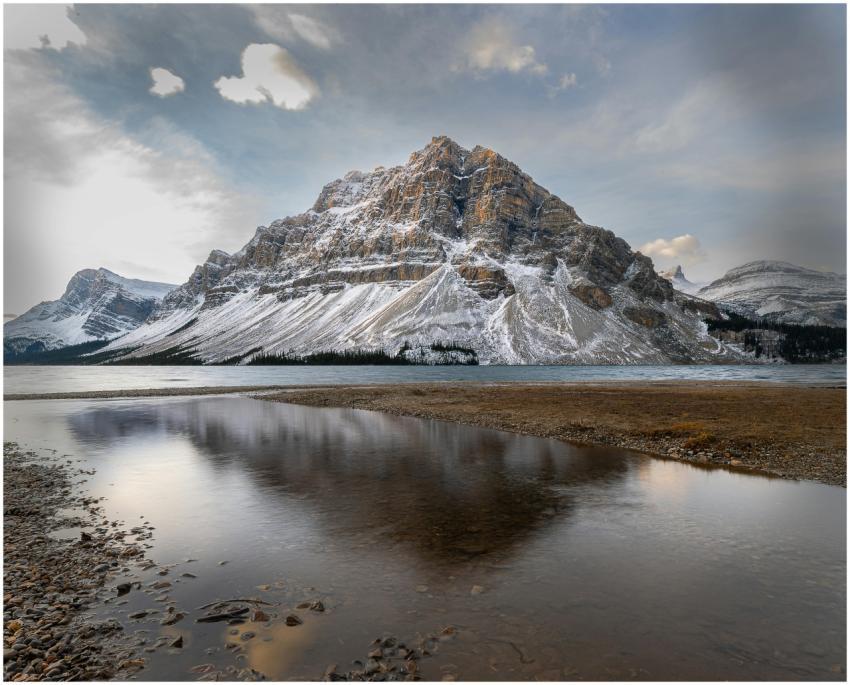 Snow-covered mountains reflected in a tranquil lak
