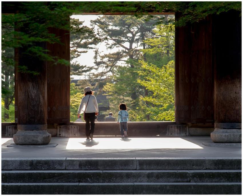 A family strolls through a temple gate surrounded