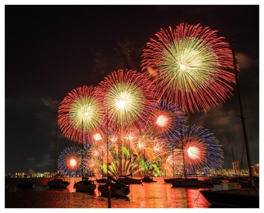 Fireworks Night Sky Cityscape Reflection