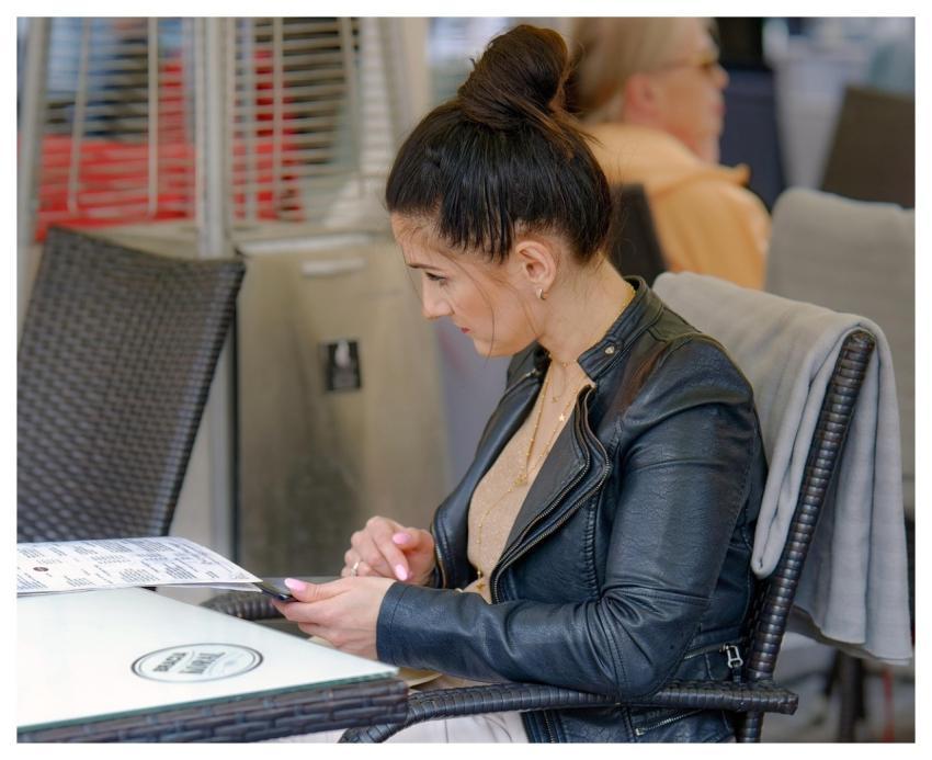 Woman Sitting Terrace Restaurant