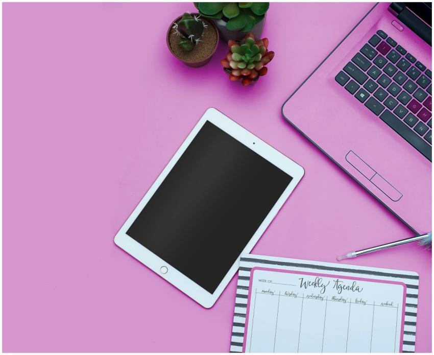 A modern pink-themed workspace setup featuring a t
