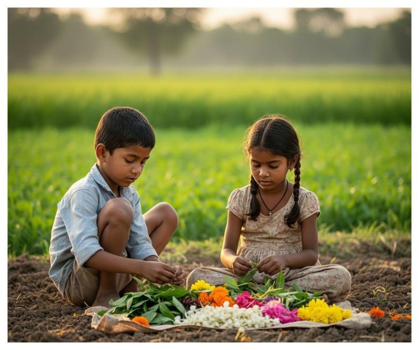 Village Kids Collecting Flowers Rural India Childh