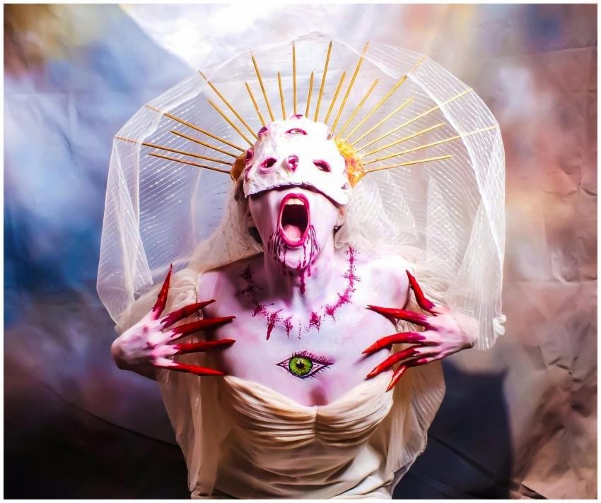 A surreal and fantasy-themed portrait featuring a