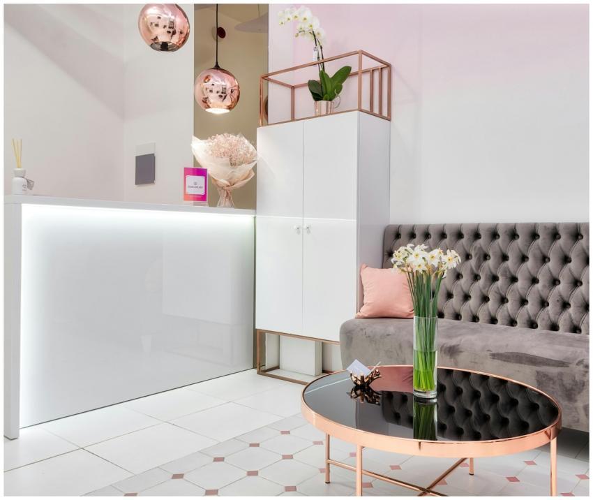 Chic and modern interior lounge featuring floral d