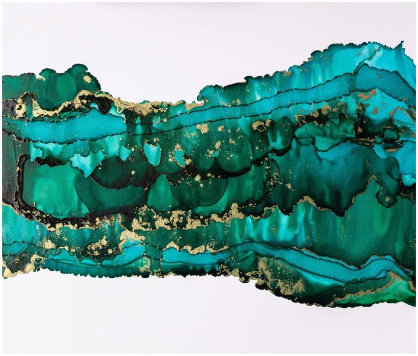 Dynamic abstract artwork featuring green, teal, an