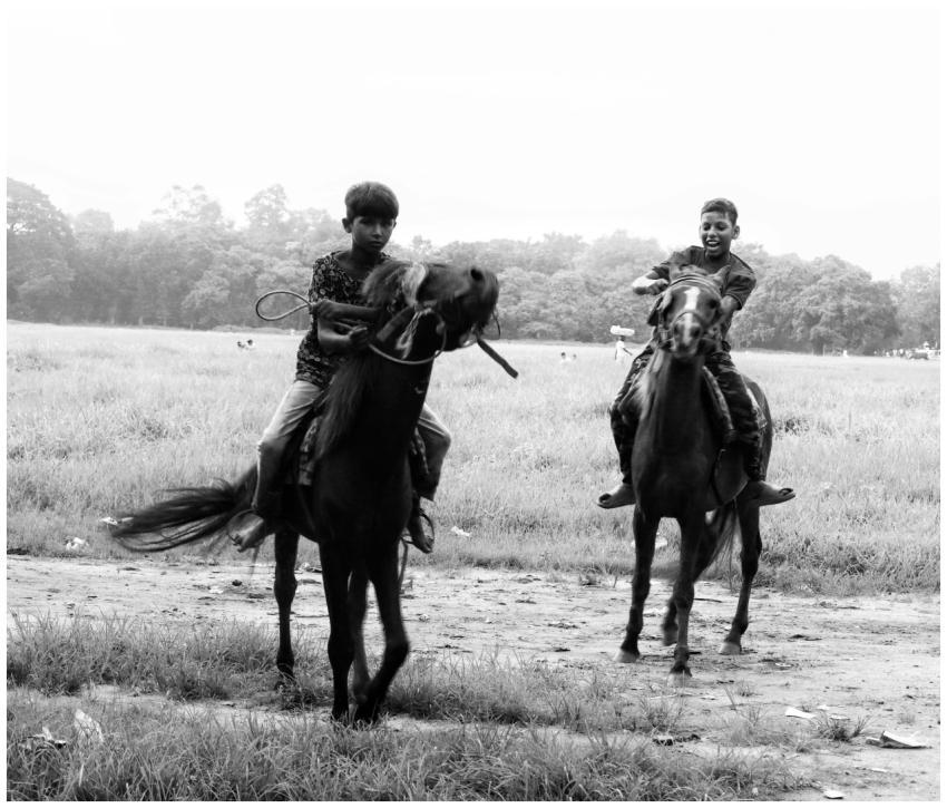 Two boys riding horses in an open field, captured