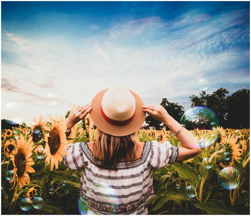 A woman stands in a vibrant sunflower field, enjoy