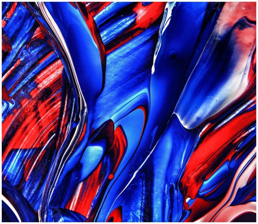 Dynamic abstract painting featuring bold blue and