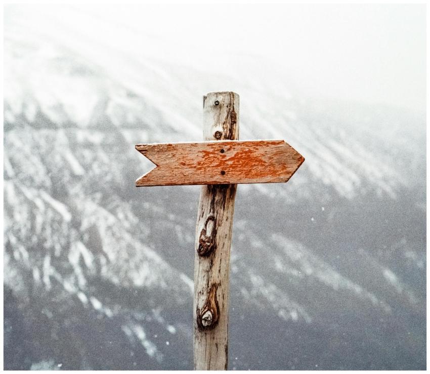 A wooden arrow signpost points the way amidst a sn