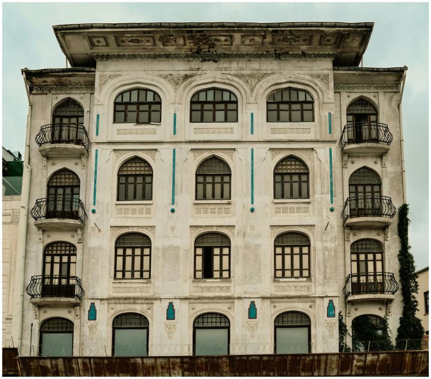 A detailed view of a historic building facade with