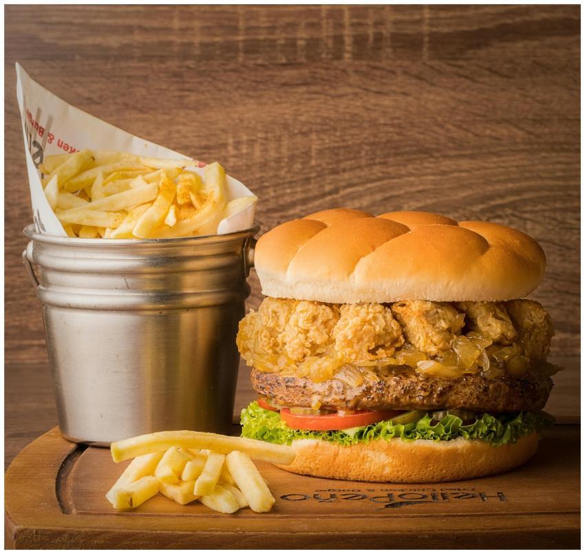 Delicious gourmet burger with crispy fried onions