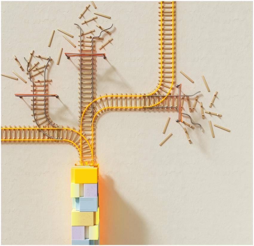 Creative illustration of train tracks on wooden bl