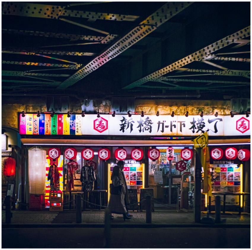 A colorful Tokyo street scene under the bridge at