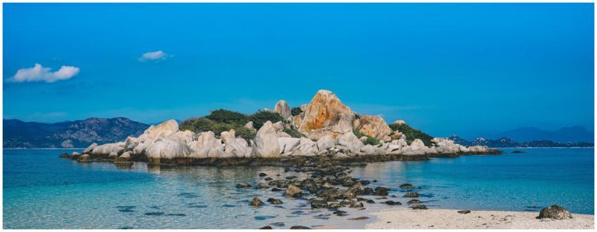 Panoramic view of a tranquil beach with stunning r