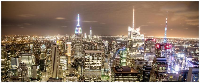 Elevated view of New York City skyline with illumi