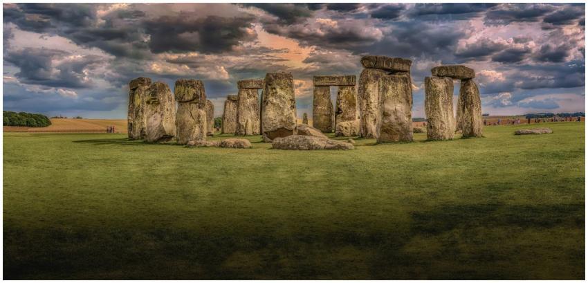 Panoramic view of Stonehenge with dramatic clouds
