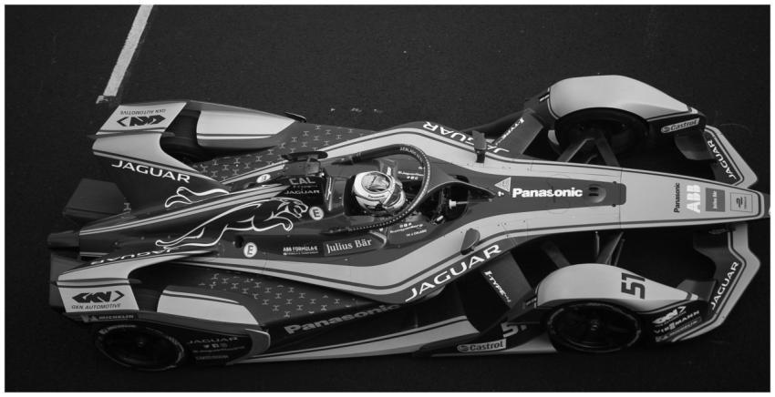Grayscale high-angle shot of a Jaguar Formula E ra