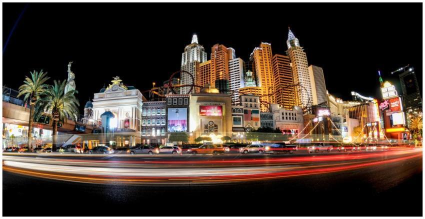 Illuminated cityscape of the Las Vegas Strip featu