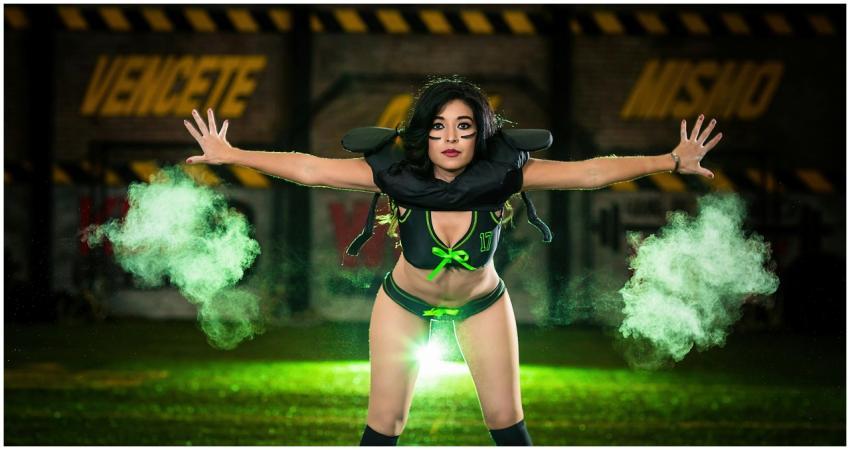 Dynamic portrait of a female performer in vibrant