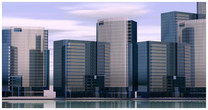 A cityscape with contemporary glass skyscrapers re