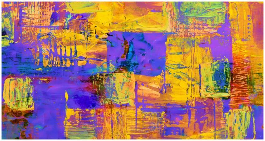 Dynamic composition featuring bold purples and yel