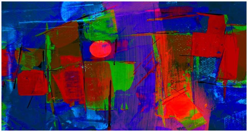 Energetic abstract artwork featuring bold reds, gr
