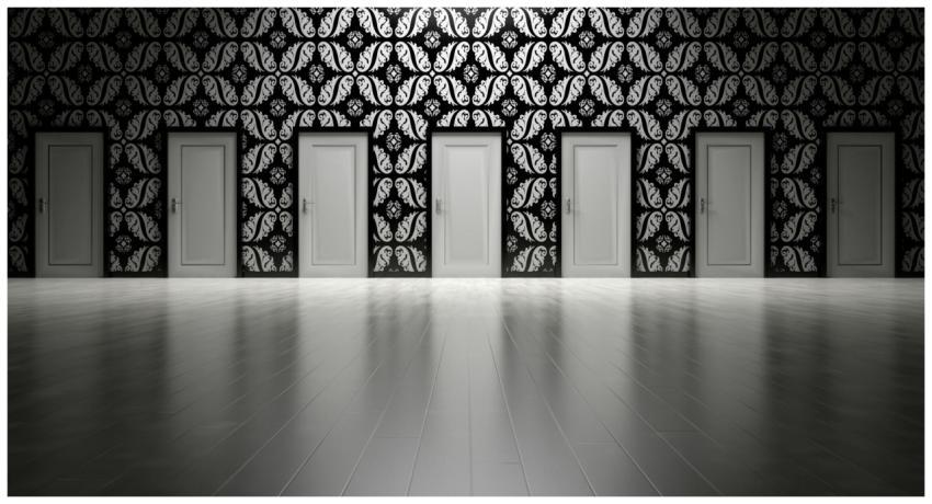 Five closed doors in a black and white ornate hall