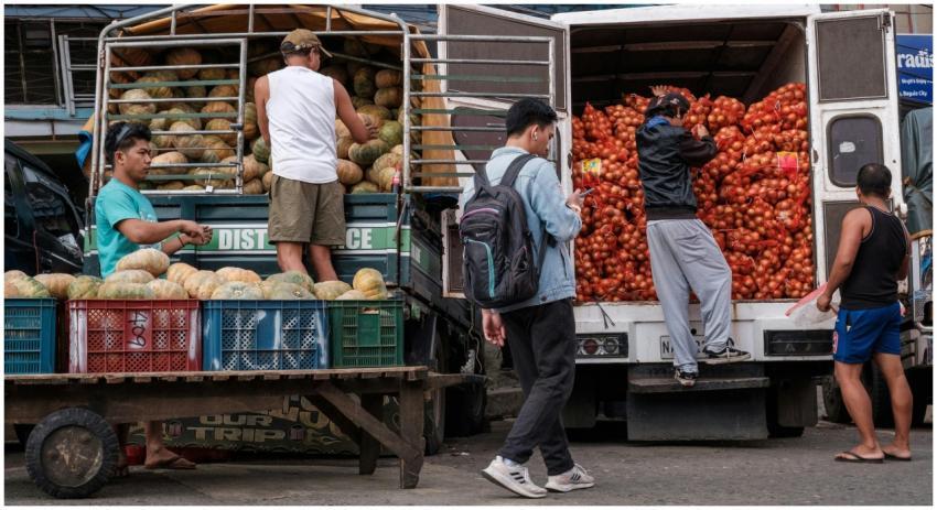 Busy Market Scene Trucks