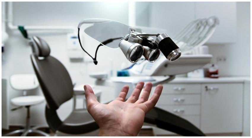 Floating dental loupes in a modern, clean dentist