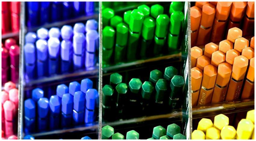 Colorful array of pencils in a store display, show