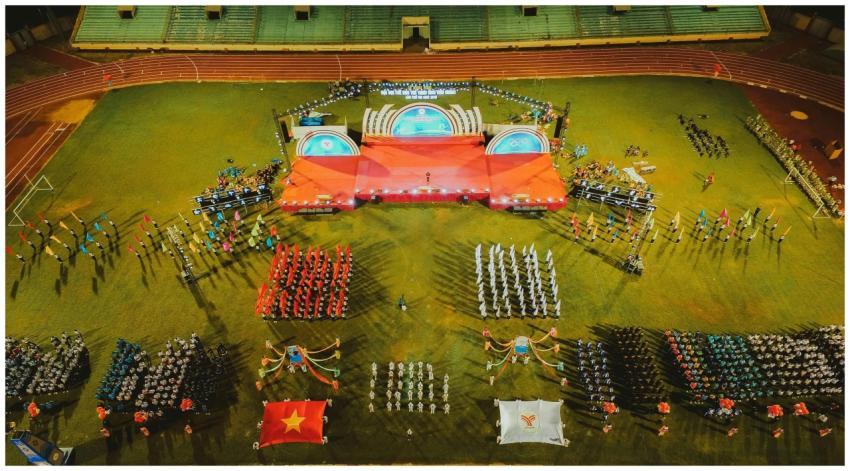 A vibrant aerial shot of a sports event with organ