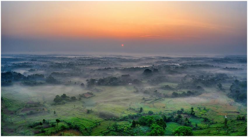 Aerial view of foggy farmlands at sunrise in West
