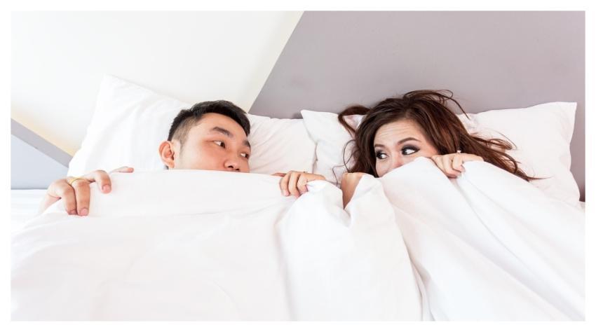 Happy Valentines Day Couple Lying Bed