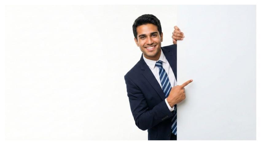 Man In Blue Business Suit Pointing Gesture White B