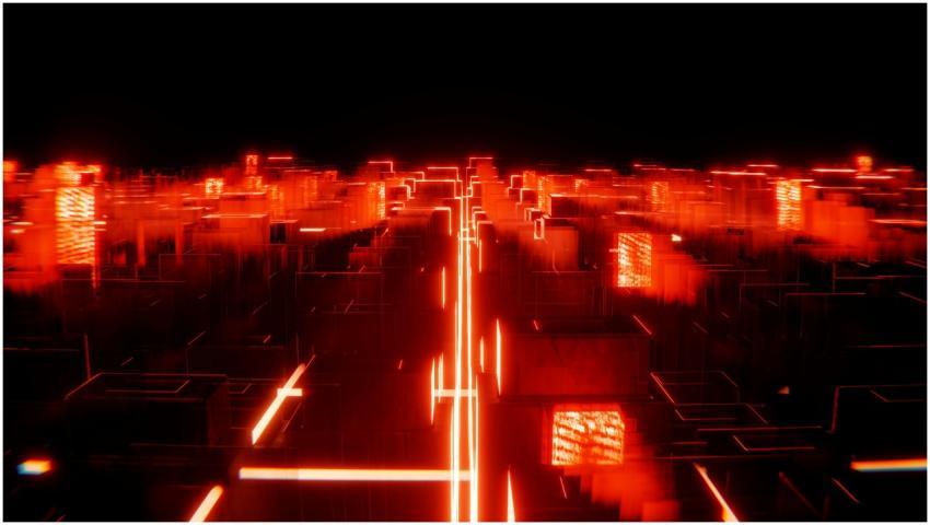 A vibrant abstract cityscape of neon red lights, c