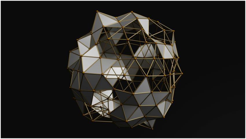 Intricate 3D geometric structure featuring gold fr