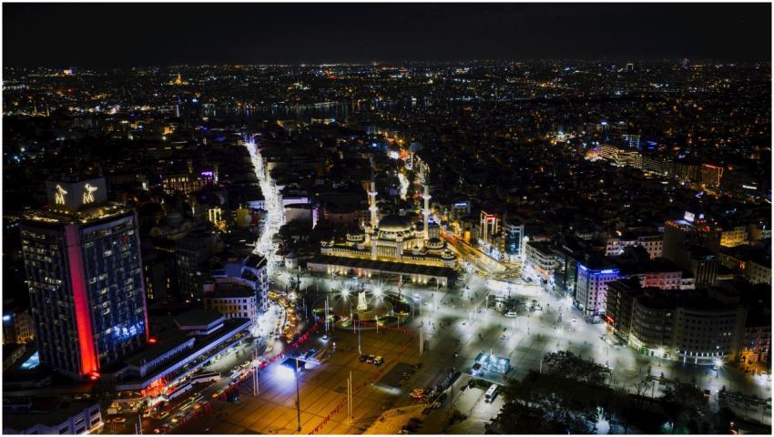 Aerial view of Taksim Square in Istanbul at night,