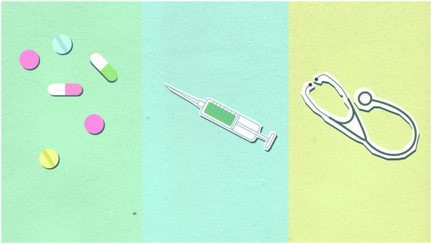 Illustration of medical items like pills, syringe,